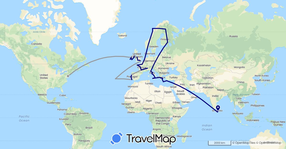 TravelMap itinerary: driving, plane in Switzerland, Finland, France, United Kingdom, Greece, Ireland, Italy, Sri Lanka, Netherlands, Norway, Portugal, United States, Vatican City (Asia, Europe, North America)